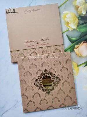 Beige and gold padded with name plate Wedding Invitation Card SK-3263