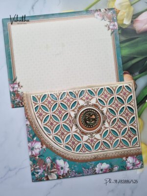 Bluish Green Geometrical pattern three fold type Floral wedding invite