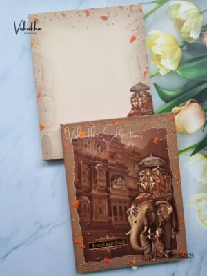 Bride and groom in rajasthani theme with acrylic name plate box style padded wedding invite