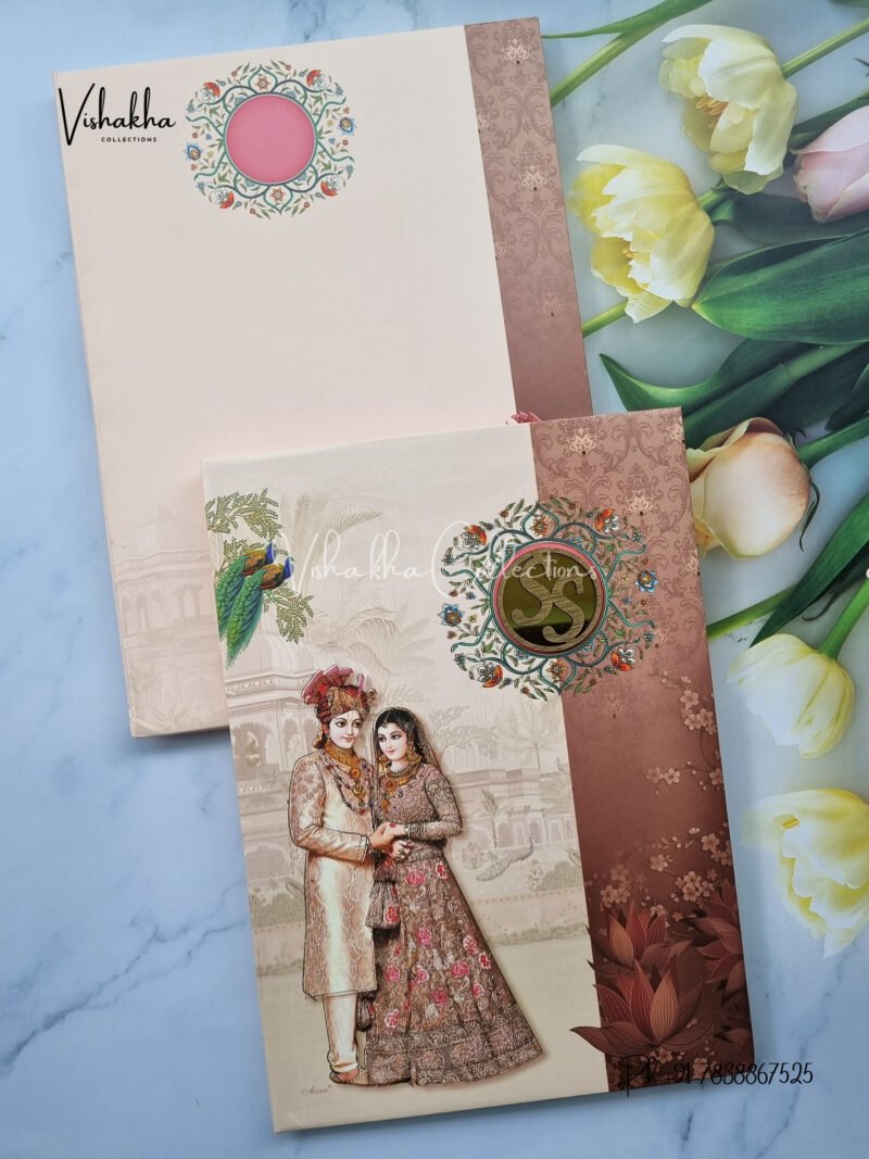 Brown Shahi Barat with Indian couple and acrylic name plate big size padded marriage card