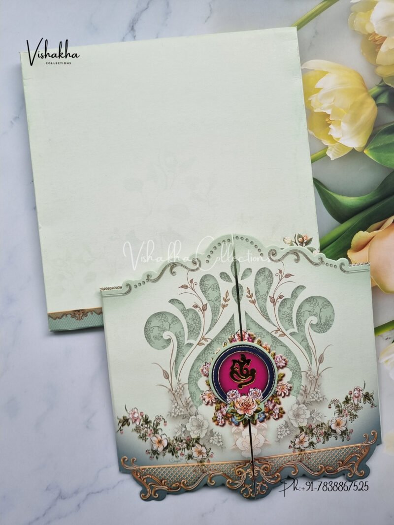 Classic Pastel Green and White Lilies themed in Butteryfly Pattern Wedding Invitation Card