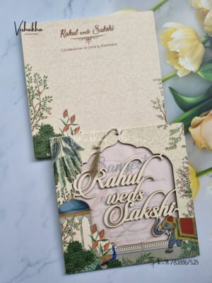 Cream colour Traditional Elephant MDF with laser cut names Wedding Invitation Card SK-3368