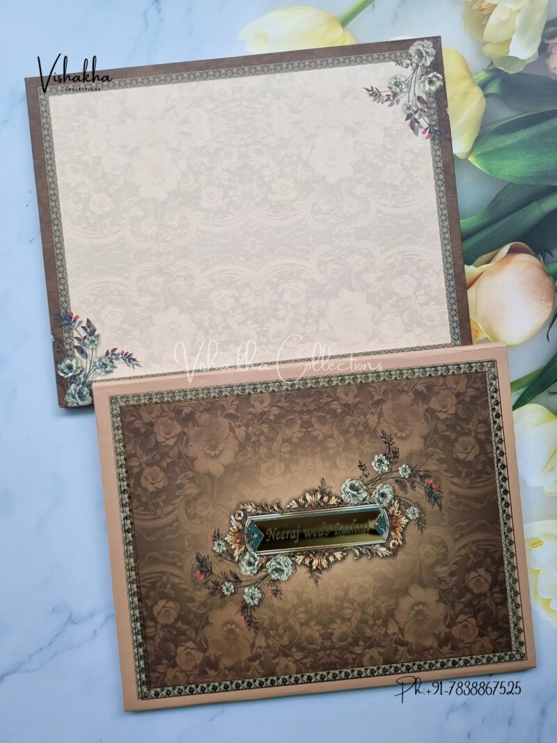 Dark Brown Floral pattern with arcylic name plate hardboard padded marriage invitation