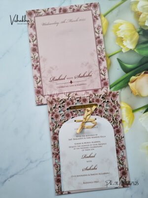 Dark peach with brown flowers MDF with acrylic name plate Wedding Invitation Card SK-3361