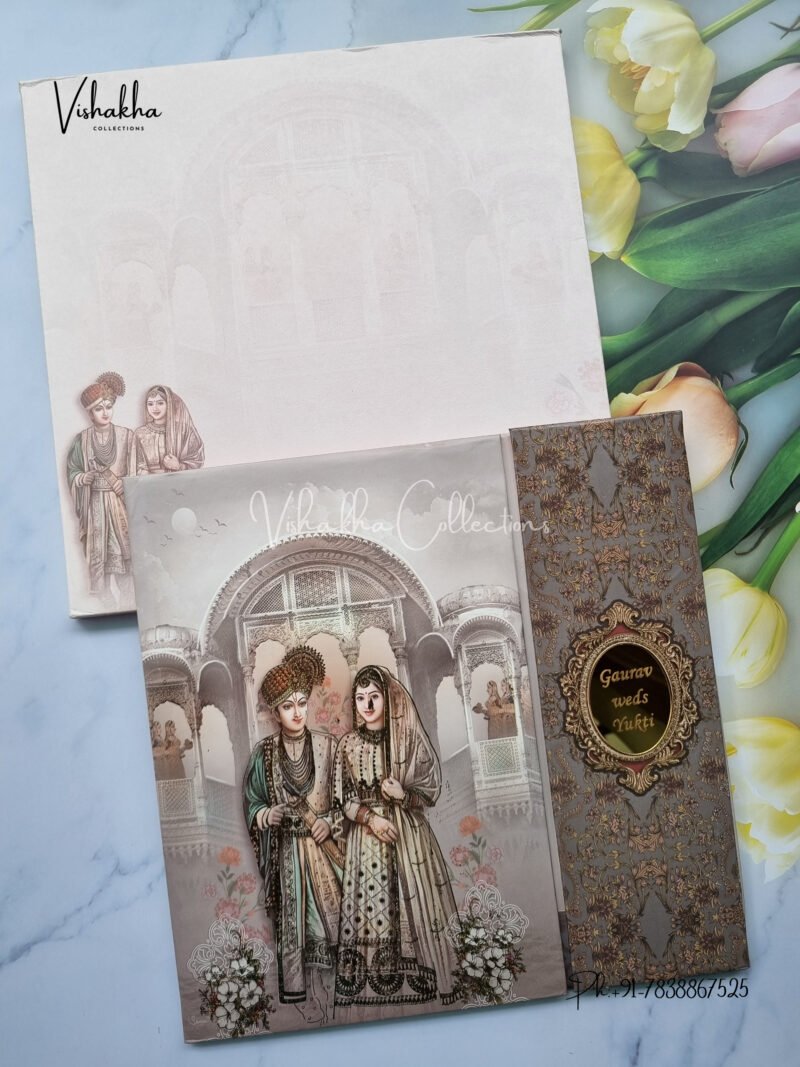 Grey Bride and groom double door with arcylic name plate padded invitation card