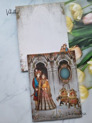 Grey Royal Indian Bride and groom with Baraat Double door wedding invite