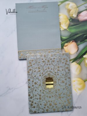 Greyish blue and gold padded with name plate Wedding Invitation Card SK-3442