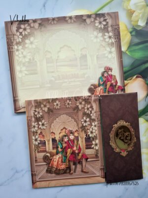 Indian Bride Groom in Dark Brown Double door with acrylic name plate gatta Shadi card