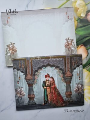 Indian couple in Greyish blue colour padded invitation card