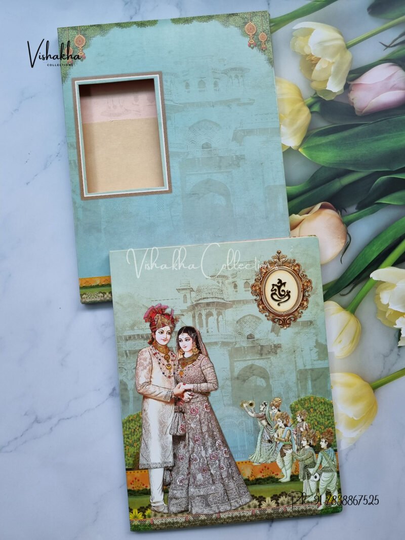 Light Aqua Blue Window Style Royal Bride and Groom with Baraat invitation card