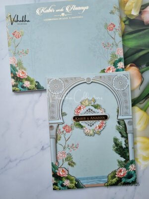 Light Blue Sea themed 3D floral padded with name plate Wedding Invitation Card SK-3399