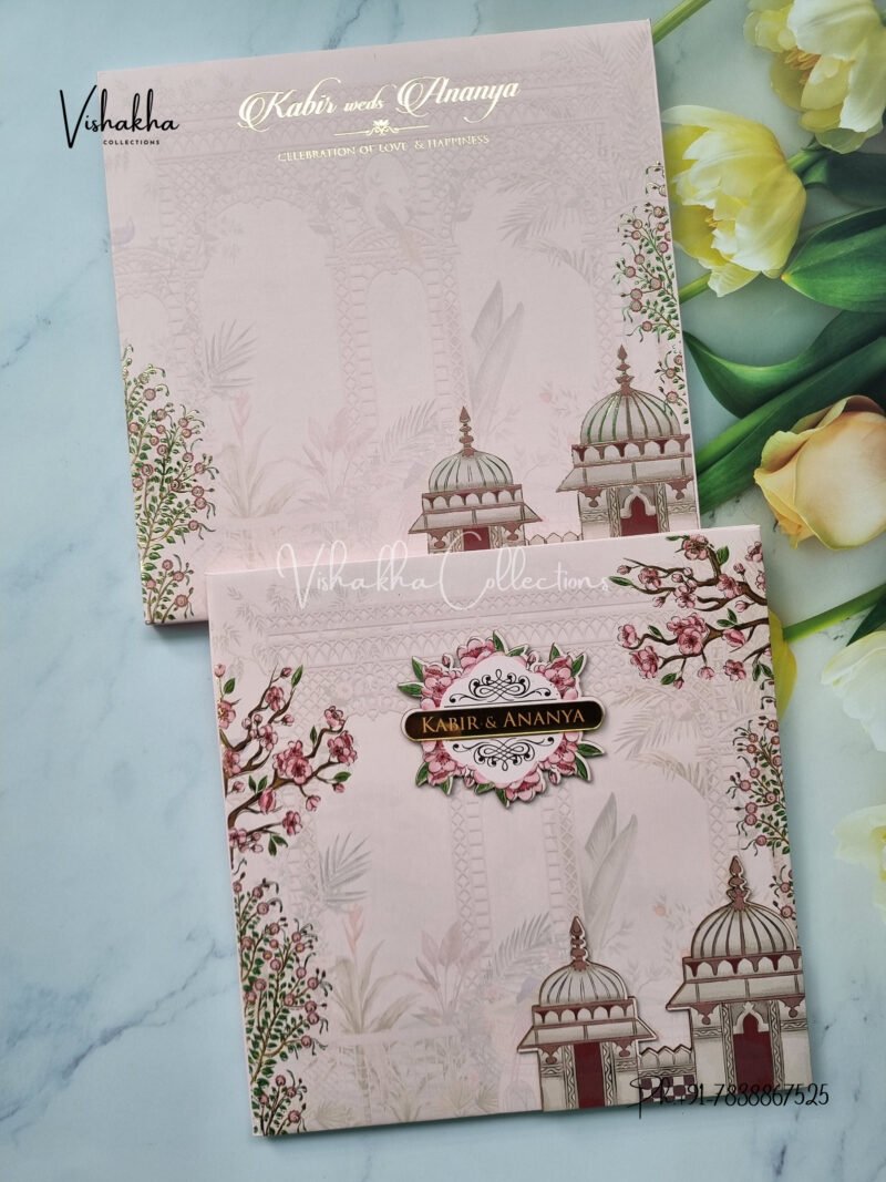 Light Pink Floral Padded MDF cut Name Plate Wedding Invitation Card