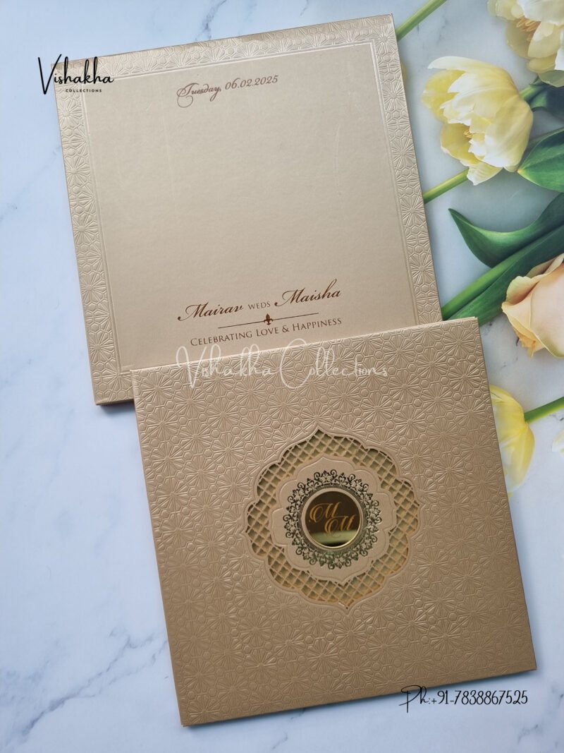 Light brown and gold laser cut padded with name plate Wedding Invitation Card SK-3436