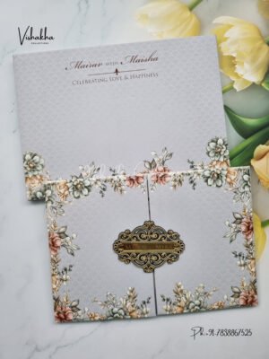 Liliac floral double door padded with name plate Wedding Invitation Card SK-3410