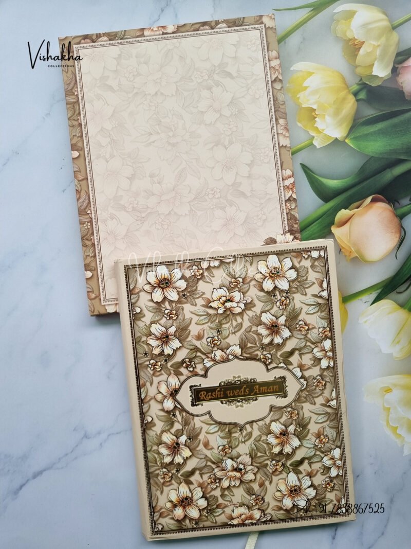 Olive green and white floral with colorful stones and acrylic name plate box style hardboard invitation card