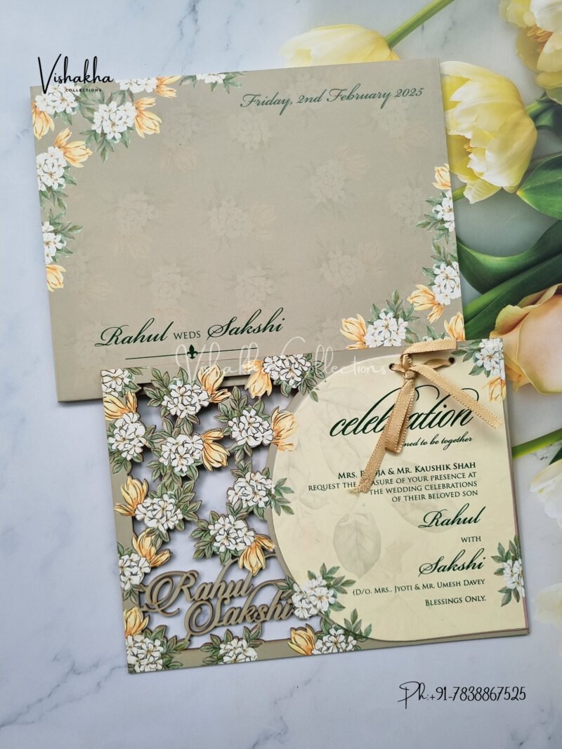 Olive green with White flowers MDF with laser cut names Wedding Invitation Card SK-3281
