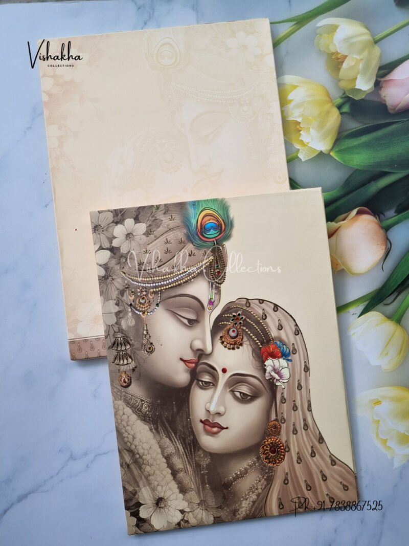 Pale yellow Radha Krishan with colourful stones big size padded mariage invitation