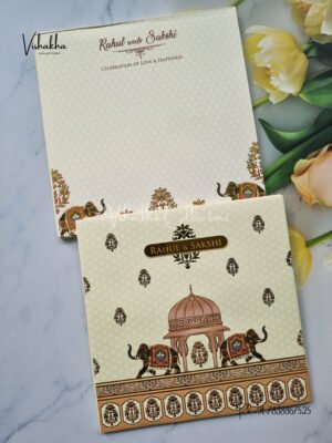 Pale yellow traditional elephant padded with name plate Wedding Invitation Card SK-3304