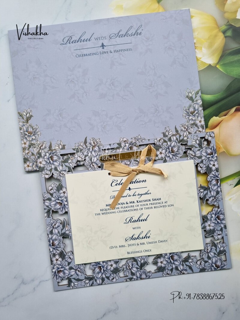 Pastel Blue with white flowers MDF with acrylic nameplate Wedding Invitation Card SK-3364