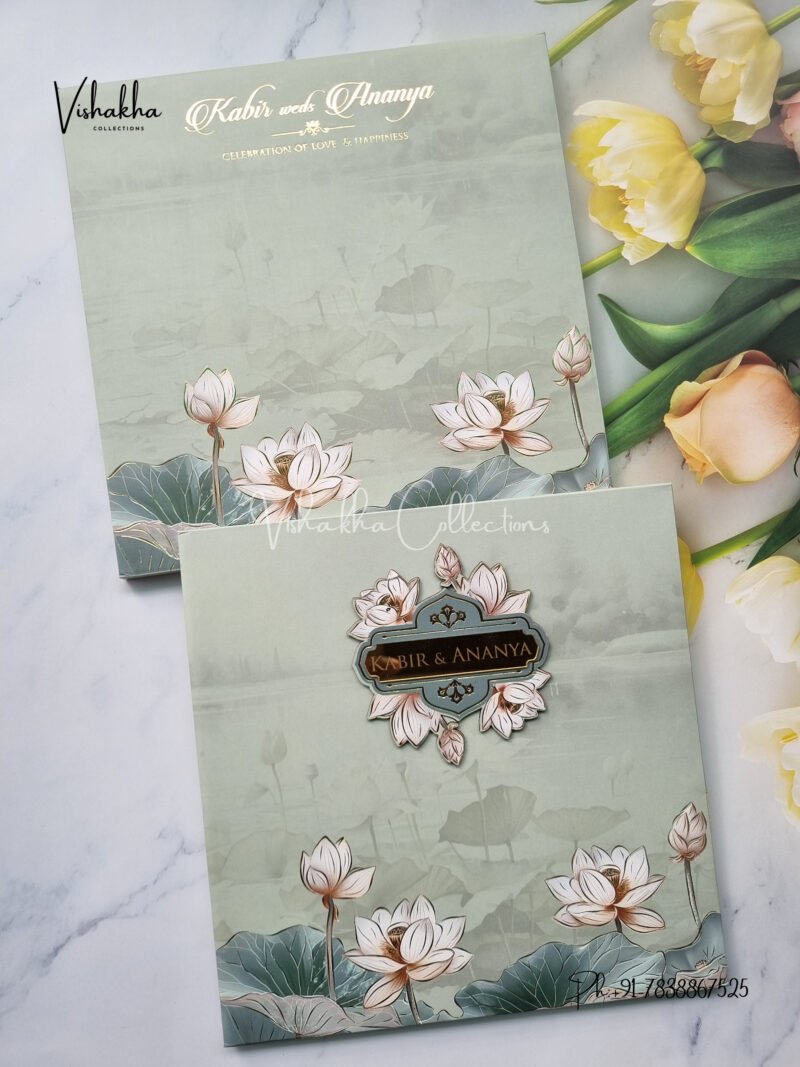 Pastel green White lotus MDF cut out with name plate Wedding Invitation Card SK-3403