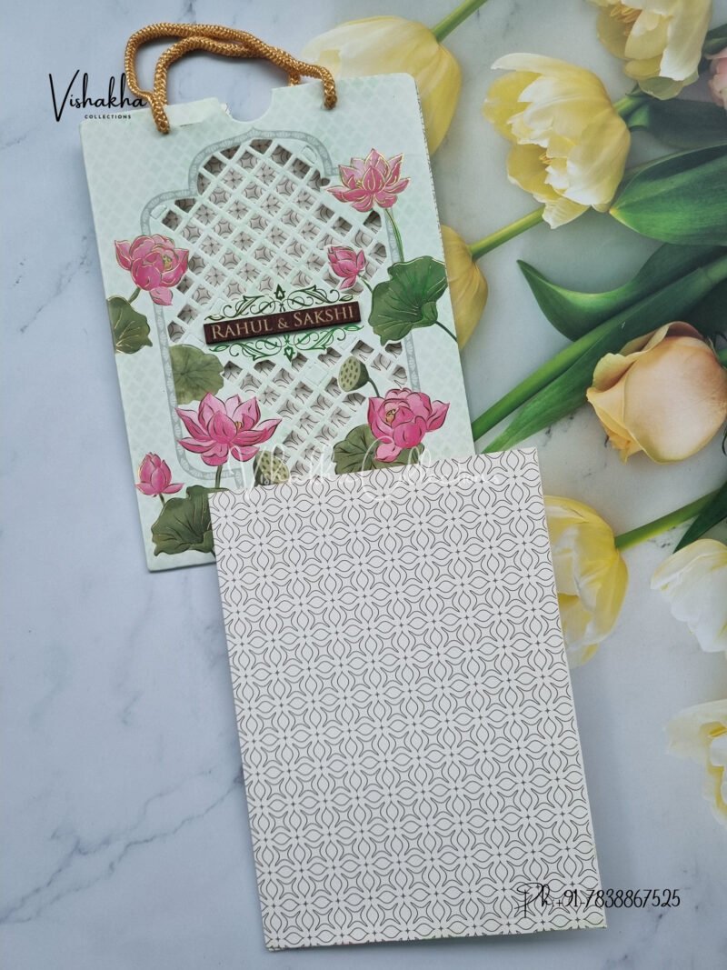 Pastel green carry bag style three fold floral with name plate Wedding Invitation Card SK-3334