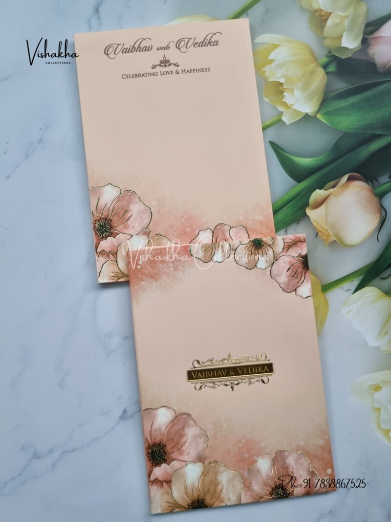 Peach Floral padded with name plate Wedding Invitation Card SK-3146