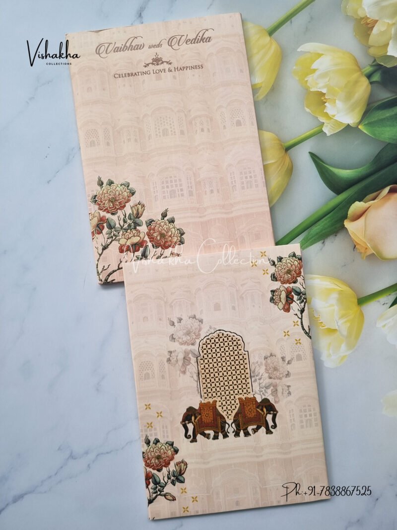 Peach Rajasthani Hawa mahal traditional padded Wedding Invitation Card SK-3144