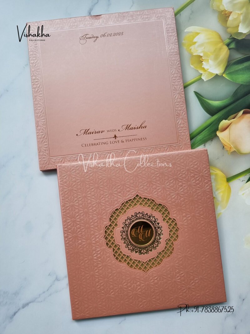 Peach and gold laser cut padded with name plate Wedding Invitation Card SK-3437