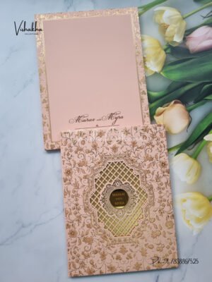 Peach and gold laser cut padded with name plate Wedding Invitation Card SK-3440