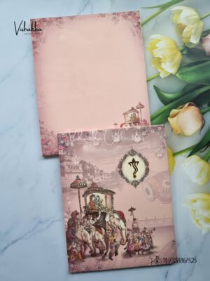 Peach pink banarasi ghat with Indian couple on royal elephant padded wedding invite