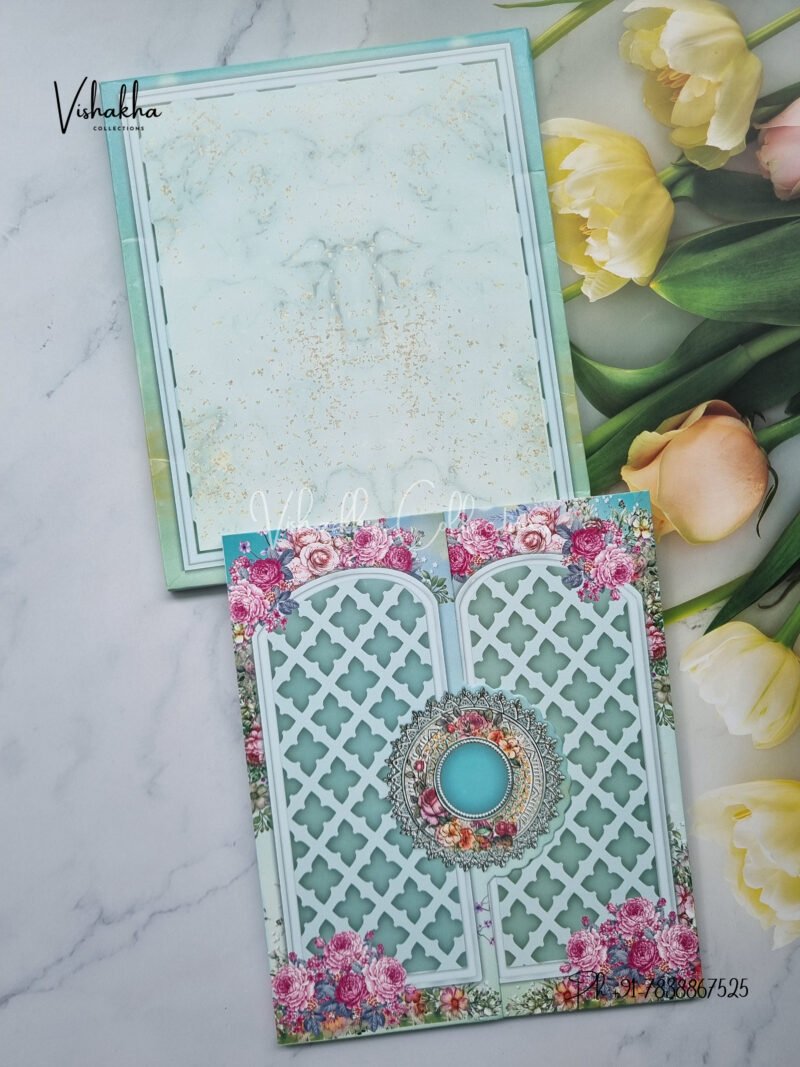 Pink Rose Flowers in Double Door Style in Sky Blue Invitation card