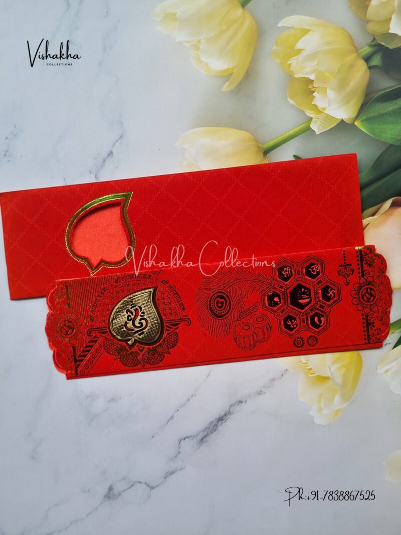 Red Piano style paper Scroll with Paan Ganesh Marriage invitation card