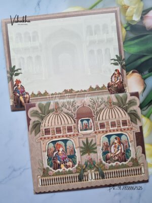 Royal Indian Bride and Groom in Traditional Elephant three fold type blue and brown invitation card