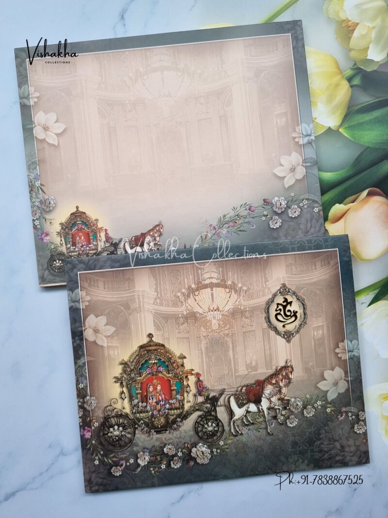 Shahi Chariot with bride and groom with 3D pop up inside and matte finish Wedding Invitation Card