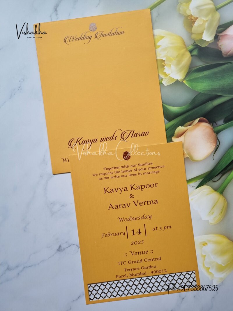 Turmeric Yellow Single Insert Laser Cut with Gold Border Hindu Muslim Sikh Christian