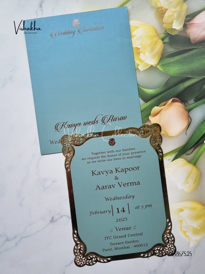 Turquoise Blue Single Insert Laser Cut with Gold Border Hindu Muslim Sikh Christian