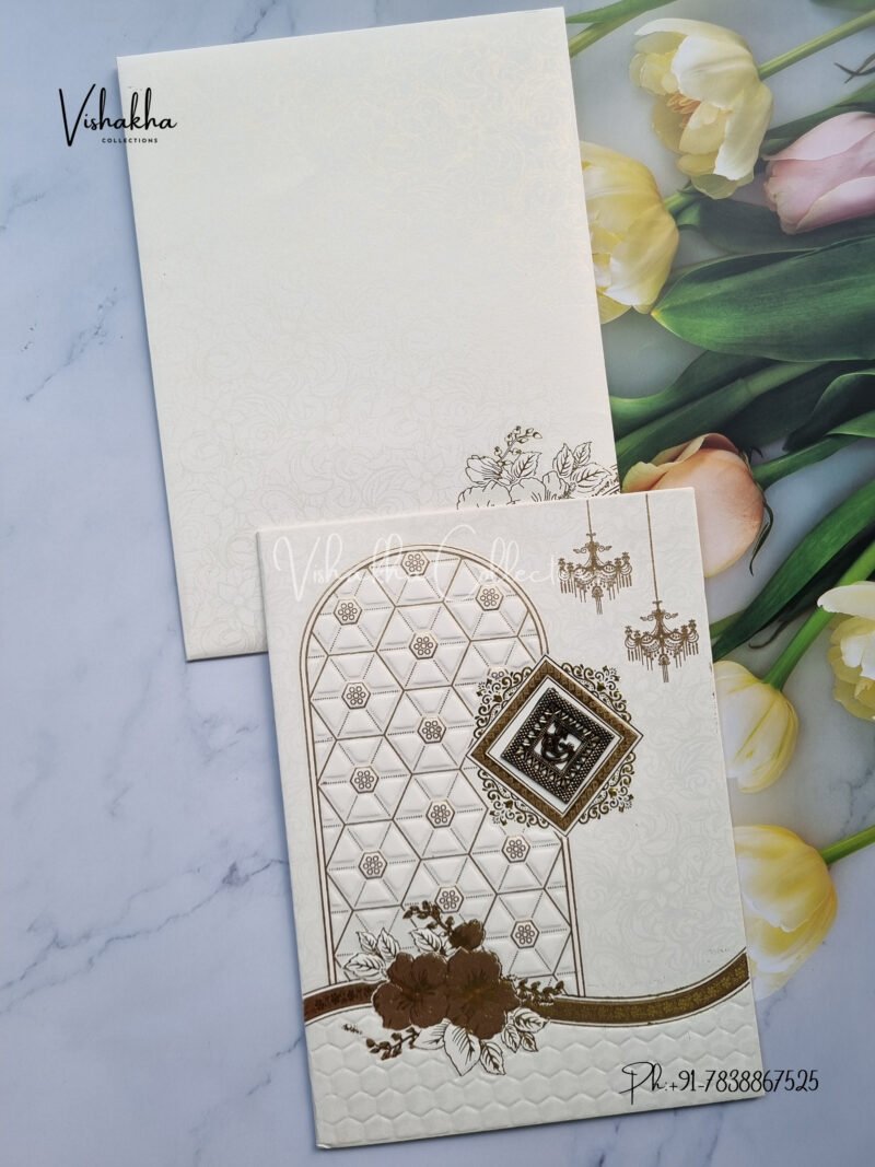 White and Gold Floral Design with Geometrical Pattern Wedding card
