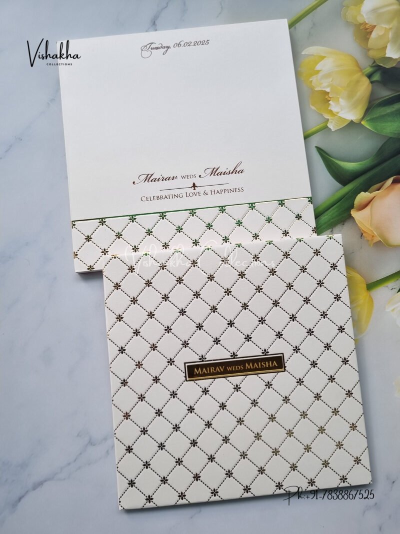White and gold padded with name plate Wedding Invitation Card SK-3274