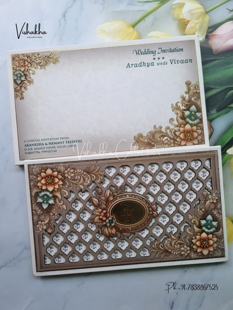 Barat Semi Box Flower Padded Laser Cut Wedding Cards