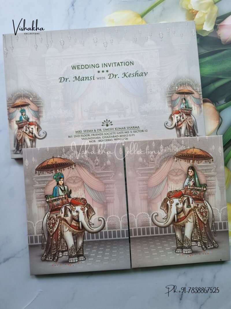 Barat Semi Box Hathi Dulah Dulhan Double Door Hindu Padded invitation Cards EJ-4018