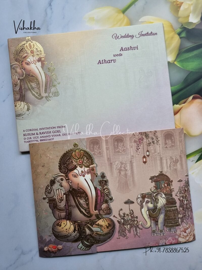 Barat Unique Concept Semi Box Ganesh Ji Dulah Dulhan Double Door Hindu invitation Cards EJ-4092