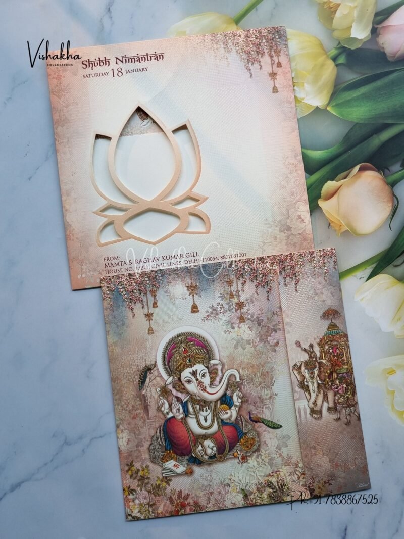 Peacock Barat Hathi Ganesh Ji Double Door Hindu invitation Cards EJ-4111