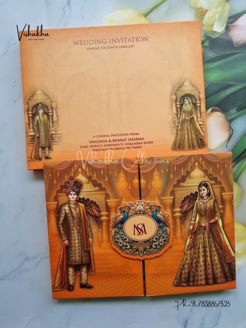 Peacock Semi Box Dulah Dulhan Double Door Hindu Padded invitation Cards EJ-4010