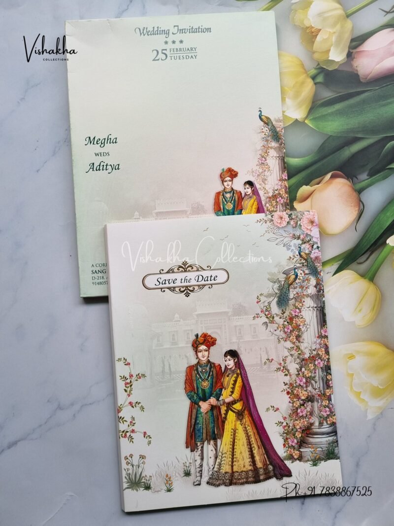 Peacock Semi Box Dulah Dulhan Flower Hindu invitation Cards EJ-4080