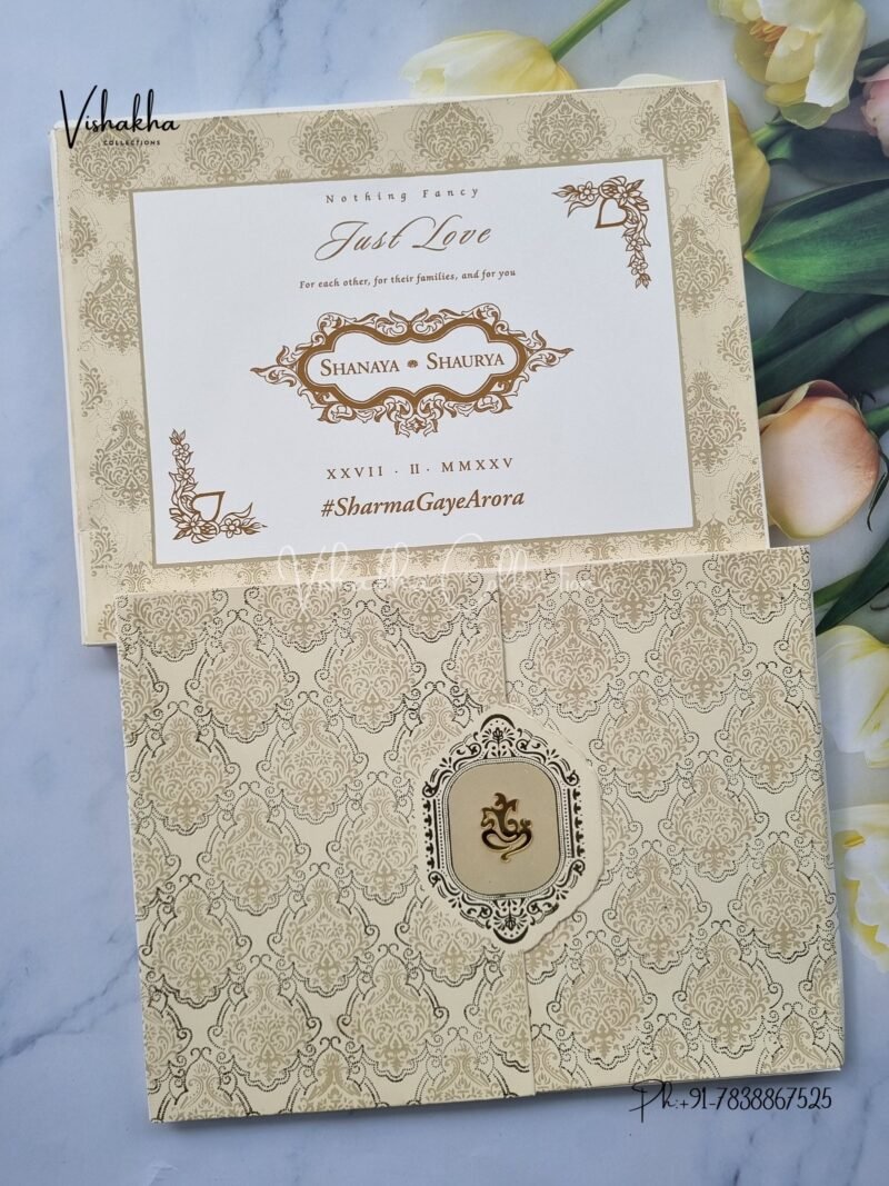 Semi Box Double Door White And golden Hindu invitation Cards ATS-1622