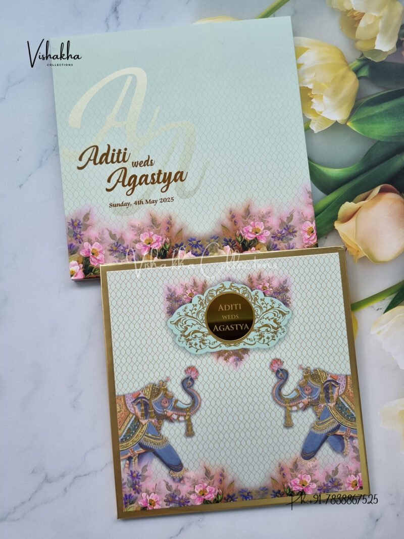 Semi Box Hathi Themed Flower Themed Hindu Wedding Muslim Wedding Christian Wedding Sikh Wedding Padded Wedding Unique Color Wedding invitation Cards - LN-699