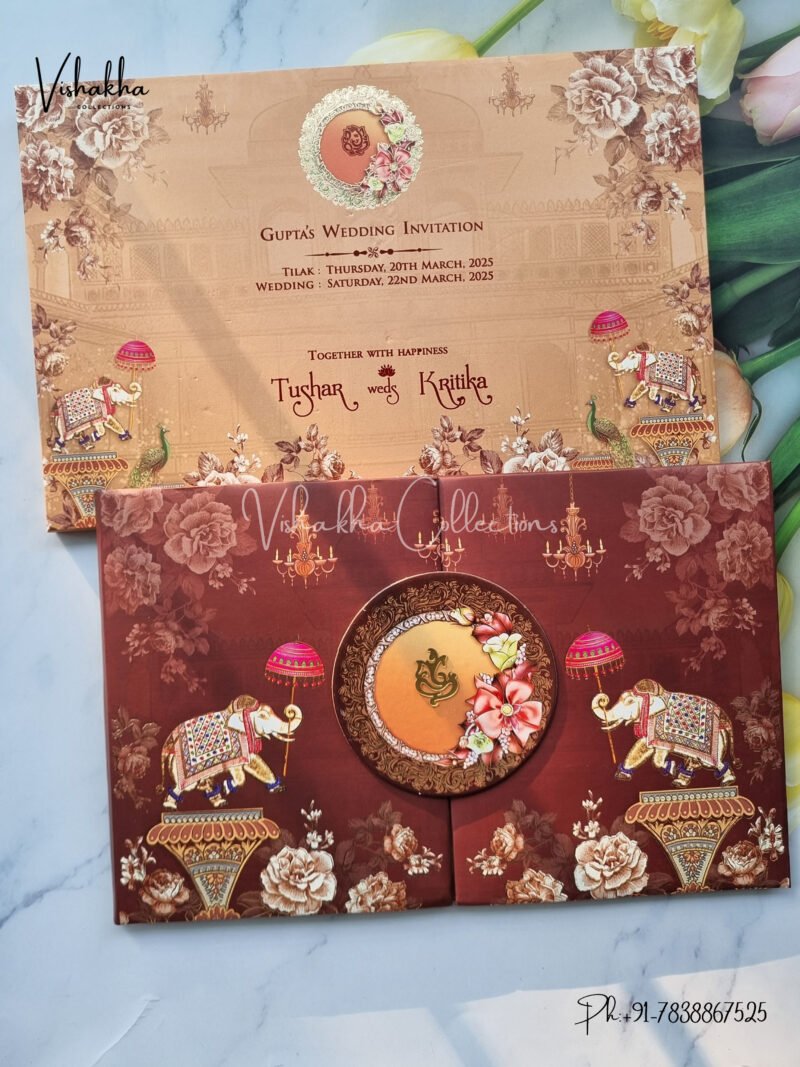 Semi Box Hathi Themed Flower Themed Hindu Wedding Padded Wedding invitation Cards - CR-8004