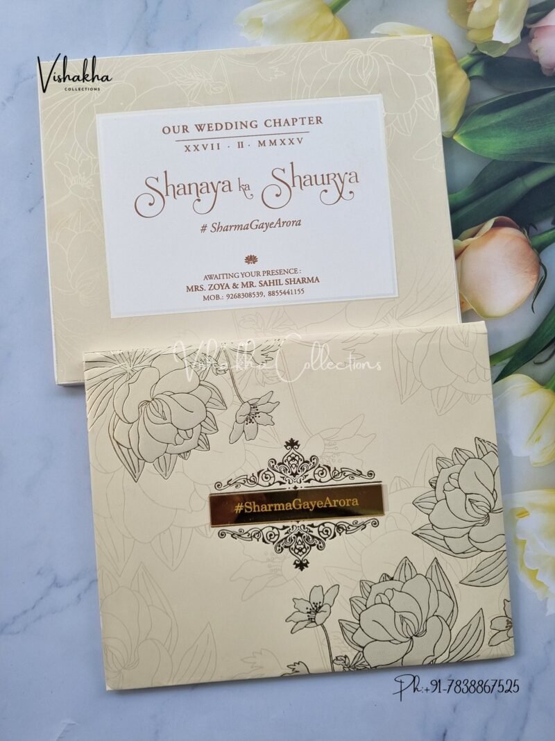 Semi Box White And golden Hindu Muslim Christian Sikh Padded invitation Cards ATS-1238