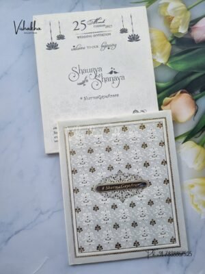 Semi Box White And golden Hindu Muslim Christian Sikh Padded invitation Cards ATS-1247