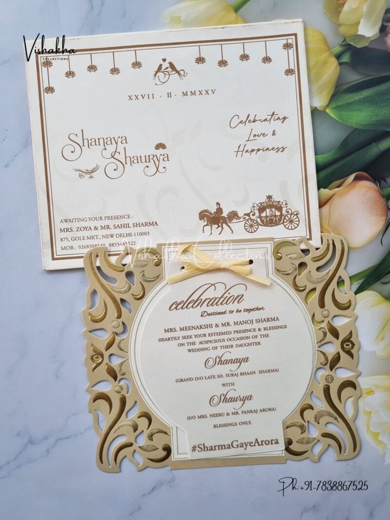 Semi Box White And golden Hindu Muslim Christian Sikh invitation Cards ATS-1605